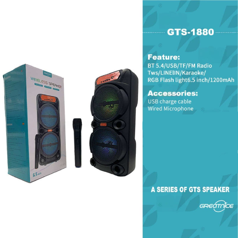 Greatnice GTS-1880 Wireless Portable Speaker Double 6.5 Inch