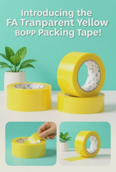 Load video: Transparent Yellow Packing Tape – 2" x 300m (Strong Adhesive BOPP Tape)